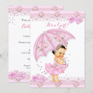 Invitation Baby Shower Fille Floral Parapluie Rose Poudré