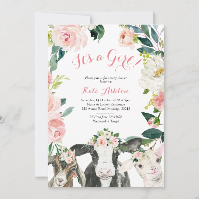 Invitation Baby shower Fille Florale d'animal agricole (Devant)