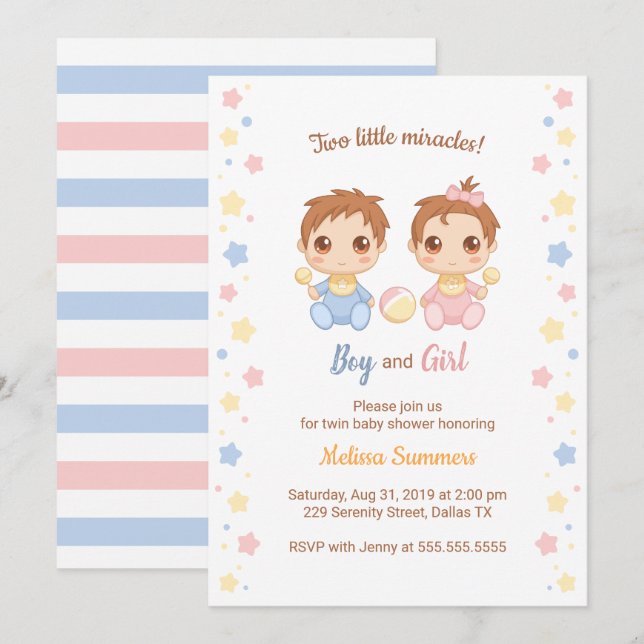 Invitation Baby shower fille garçon jumeaux (Devant / Derrière)