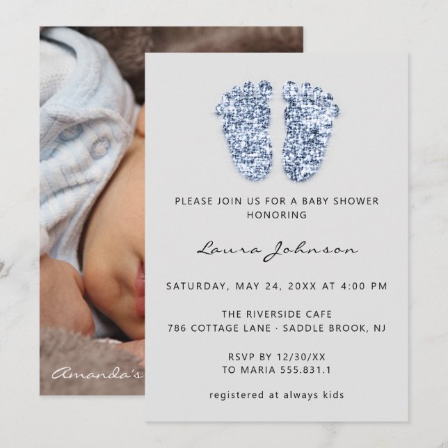 Invitation Baby shower fille garçon pieds Parties scintillant (Devant / Derrière)
