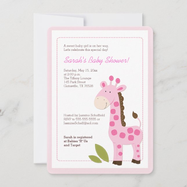 Invitation Baby shower fille Giraffe rose (Devant)