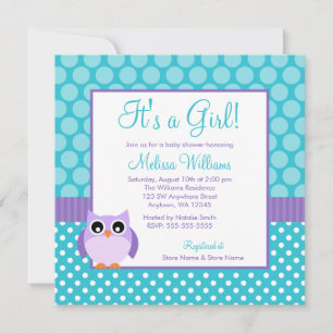 Invitation Baby Shower Fille Hibou Taches Violet Turquoise