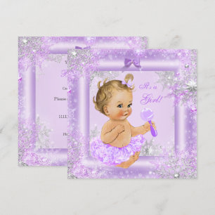 Invitation Baby Shower Fille Hiver Lavande Flocon de Neige Bl