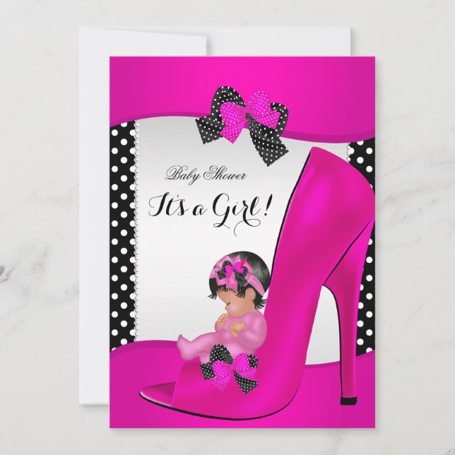 Invitation Baby shower fille Hot rose Baby Chaussure Pois (Devant)