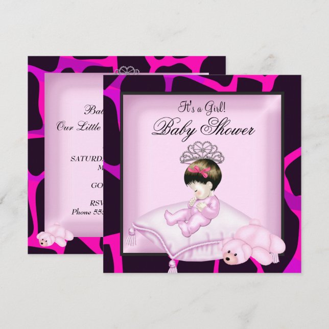 Invitation Baby shower fille Hot rose noir Tiara (Devant / Derrière)