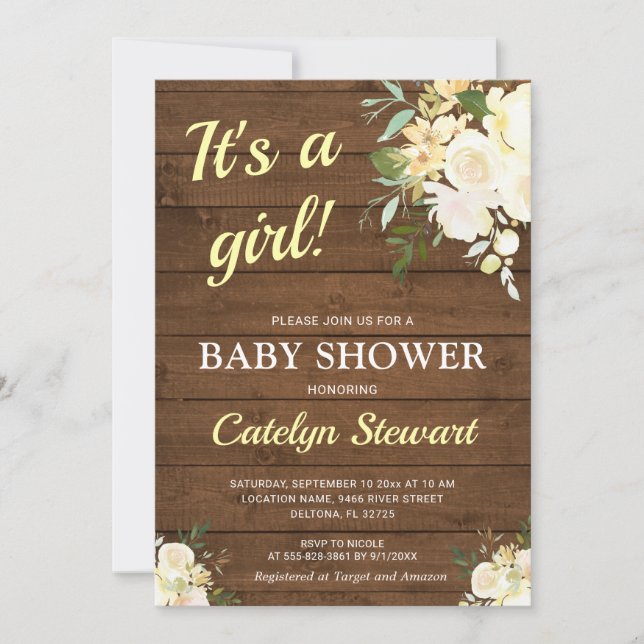 Invitation Baby Shower Fille Jaune Fleurs Blanches Bois Rusti (Devant)