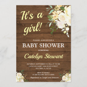 Invitation Baby Shower Fille Jaune Floral Blanc Bois Rustique