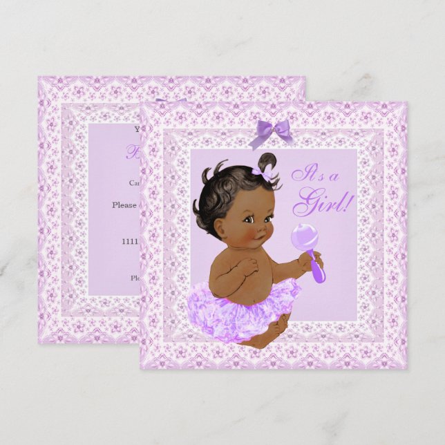 Invitation Baby shower fille jolie dentelle Lavande ethnique (Devant / Derrière)