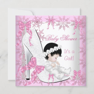 Invitation Baby Shower Fille Jolies Flocons de Neige Rose Cha
