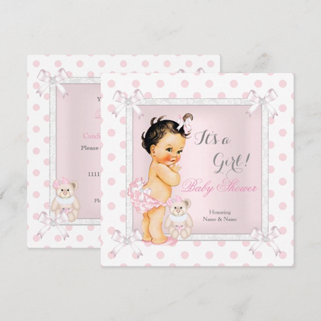 Invitation Baby shower fille jouet rose Polka Dot Brunette (Devant / Derrière)
