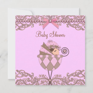 Invitation Baby Shower Fille Lace Perles Rose Marron