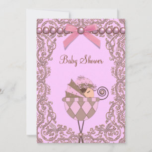 Invitation Baby Shower Fille Lace Perles Rose Marron