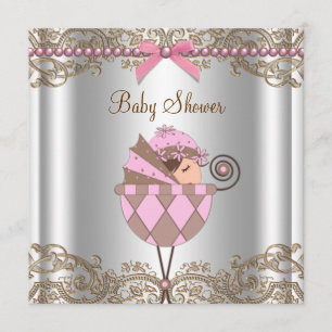 Invitation Baby Shower Fille Lace Perles Rose Marron