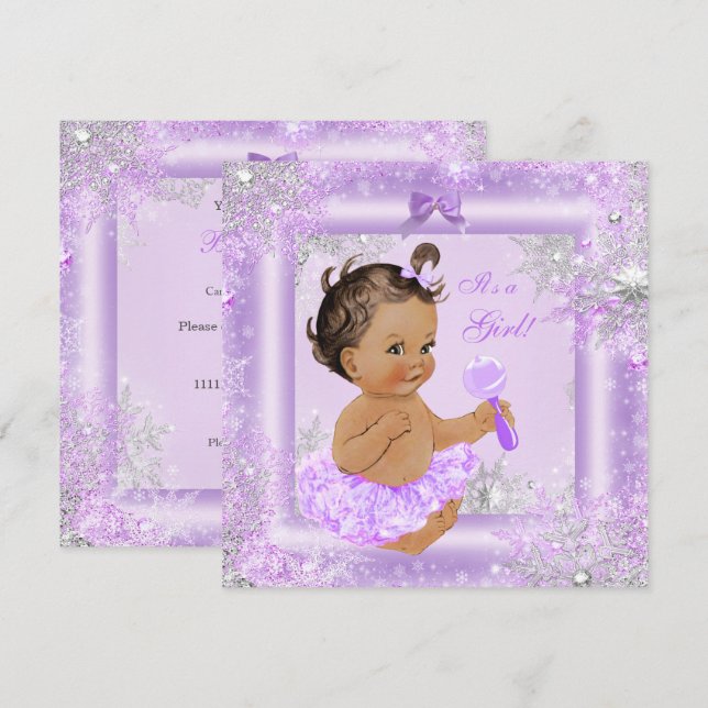 Invitation Baby shower Fille Lavande d'hiver Flocon de neige  (Devant / Derrière)
