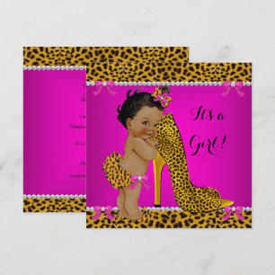 Invitation Baby shower fille léopard haut talon rose ethnique