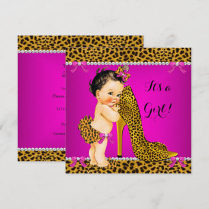 Invitation Baby Shower Fille Léopard Talon Haut Rose Brunette