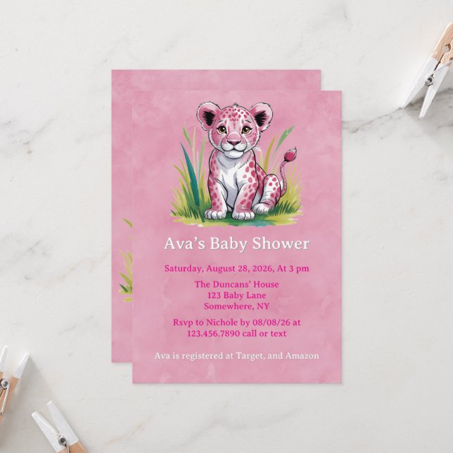 Invitation Baby shower fille Lion rose (Devant/Arrière en situation)