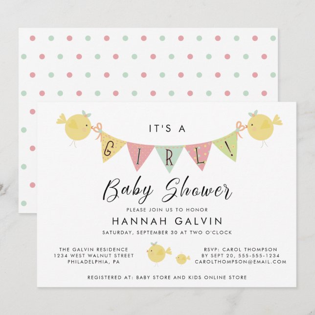 Invitation Baby shower fille | Maman Bird avec brique (Devant / Derrière)