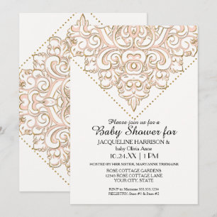 Invitation Baby Shower Fille Motif Damassé Dentelle Rose Gold