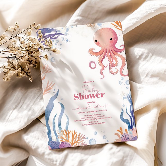 Invitation Baby shower fille octopus mignonne rose Aquarelle (Créateur téléchargé)