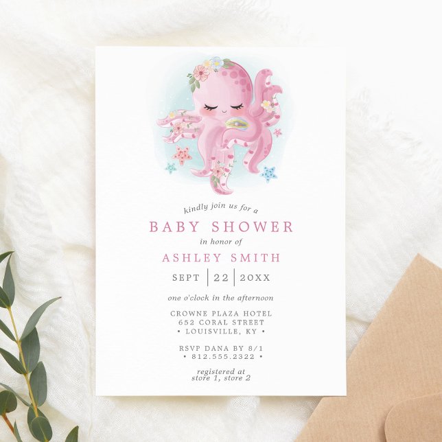 Invitation Baby shower fille octopus mignonne rose Aquarelle (Créateur téléchargé)