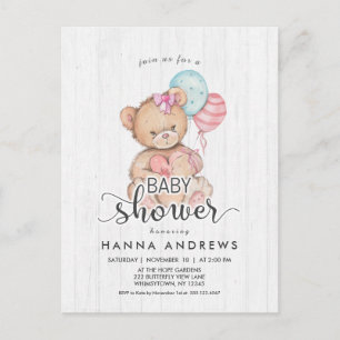 Invitation Baby shower fille ours en bois blanc