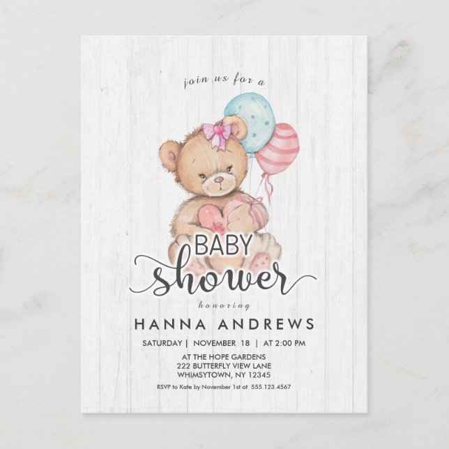 Invitation Baby shower fille ours en bois blanc (Devant)