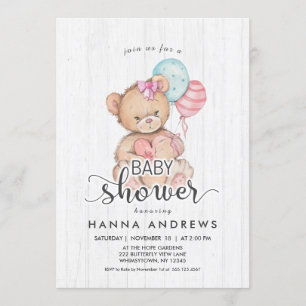 Invitation Baby shower fille ours en bois blanc