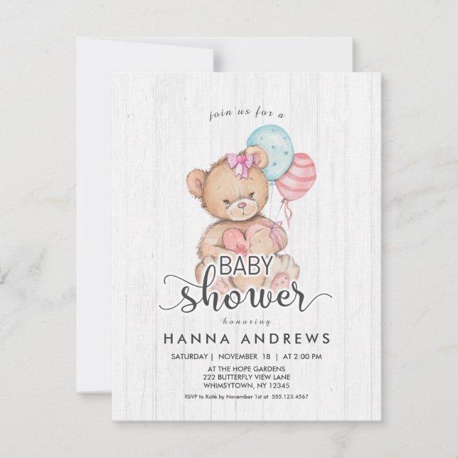 Invitation Baby shower fille ours en bois blanc (Devant)