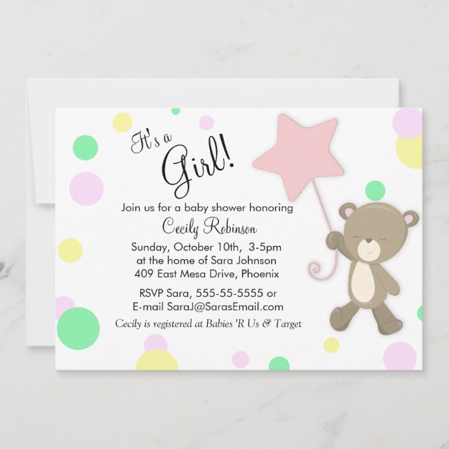 Invitation Baby shower fille ours en peluche mignonne (Devant)