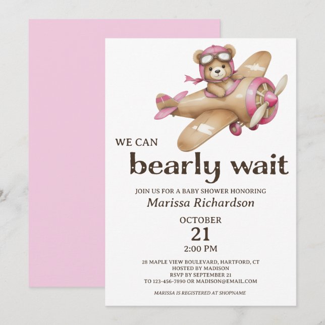 Invitation Baby shower fille ours en peluche rose (Devant / Derrière)