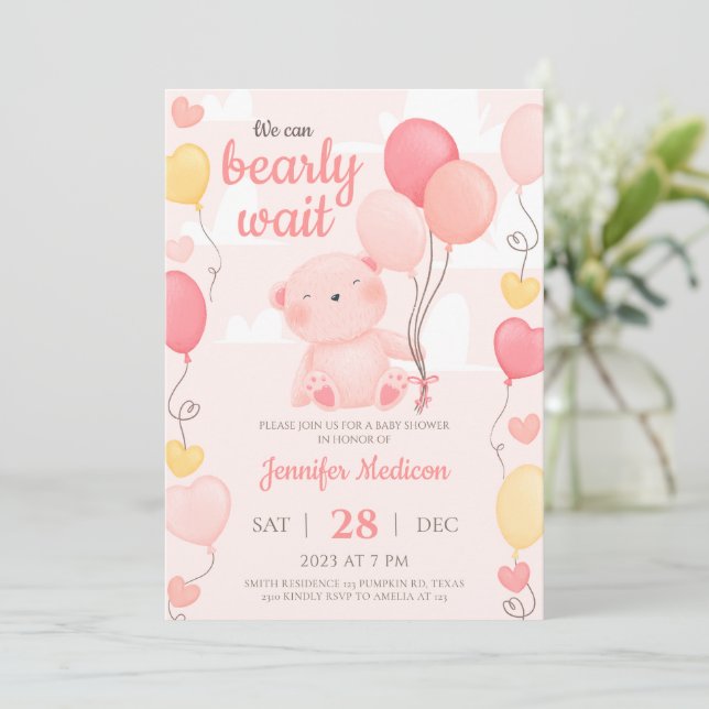 Invitation Baby shower fille ours en peluche rose (Debout devant)