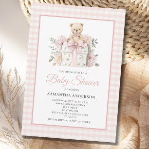Invitation Baby Shower Fille Ours en Rose à Carreaux Floral
