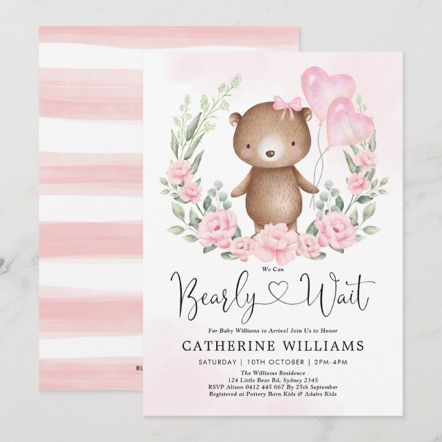 Invitation Baby shower Fille Ours En Teddy Rose Floral (Devant / Derrière)