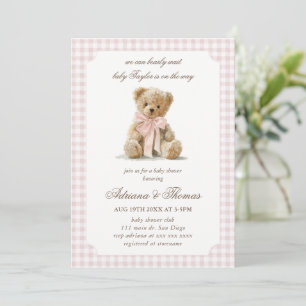 Invitation Baby Shower Fille Ourson Gingham Rose
