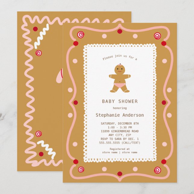 Invitation Baby shower fille pain d'épices (Devant / Derrière)