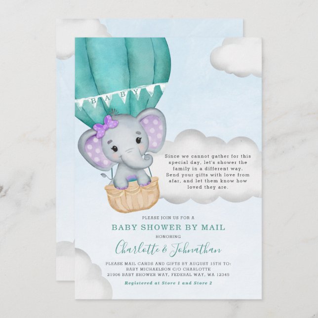 Invitation Baby shower Fille Par Mail Purple Elephant (Devant / Derrière)