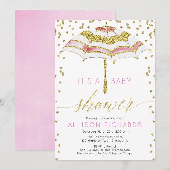 Invitation Baby shower fille parapluie rose et or (Devant / Derrière)