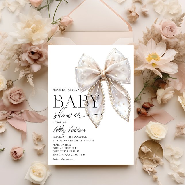 Invitation Baby shower fille Pearl Bow (Créateur téléchargé)