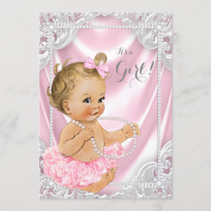 Invitation Baby Shower Fille Perle de Satin Rose