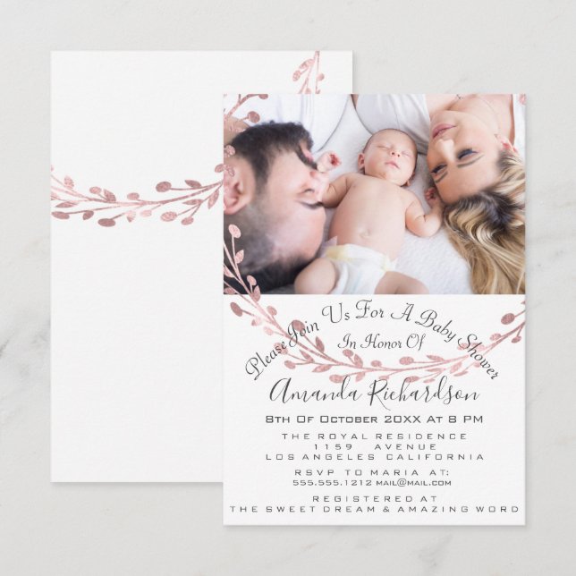 Invitation Baby shower fille photo Rose blanche couronne (Devant / Derrière)