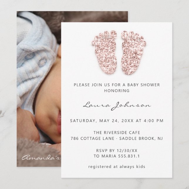 Invitation Baby shower fille pieds Parties scintillant Rose p (Devant / Derrière)