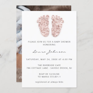 Invitation Baby shower fille pieds Parties scintillant Rose p