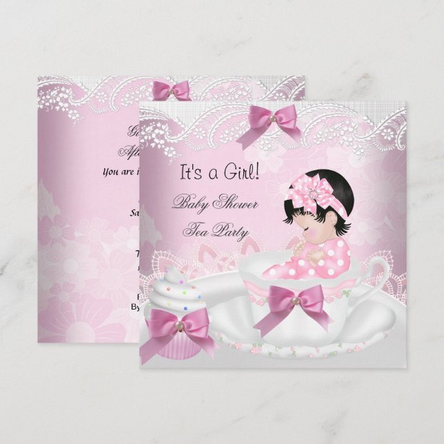 Invitation Baby shower Fille Pink Baby Teacup Cupcake (Devant / Derrière)