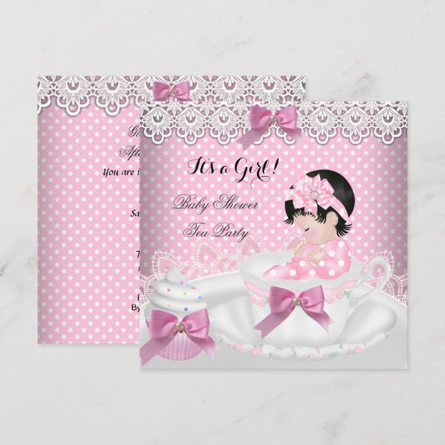 Invitation Baby shower Fille Pink Baby Teacup Cupcake 2 (Devant / Derrière)