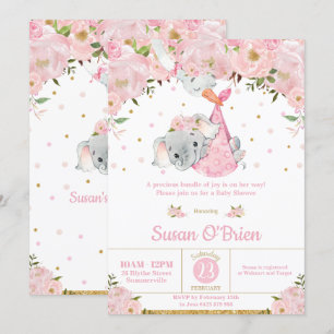 Invitation Baby shower Fille Pink Floral Elephant Stork Bundl