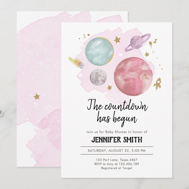 Invitation Baby shower fille Planètes spatiales (Devant / Derrière)