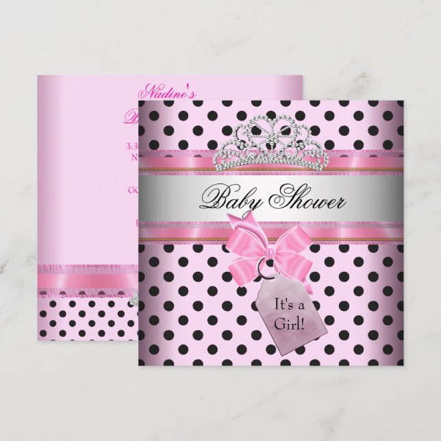 Invitation Baby shower fille Polka Dot rose princesse noire (Devant / Derrière)