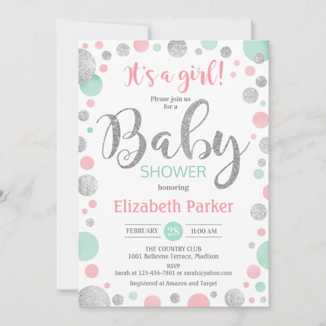Invitation Baby shower Fille - Pots d'argent de Monnaie Rose (Devant)