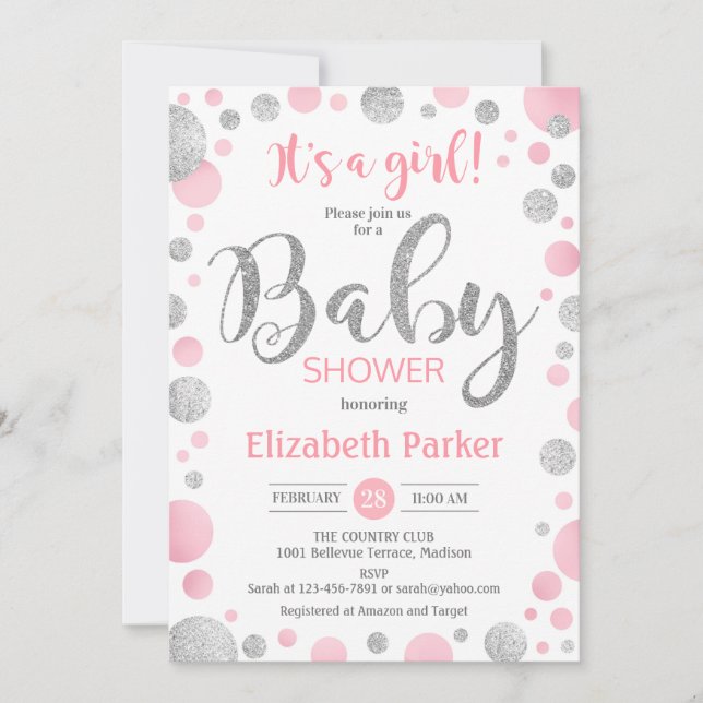 Invitation Baby shower fille - Pots en argent rose (Devant)